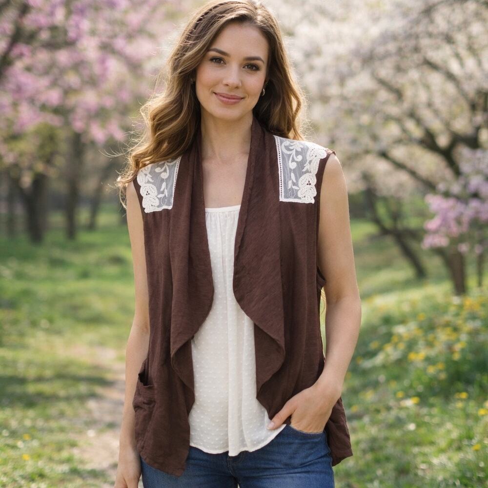 LOGO Lori‎ Goldstein Large Brown Boho Lace Drape Cardigan Vest Pockets Chic
